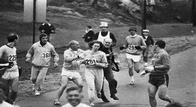 31. Organizers from the Boston Marathon attempt to stop a woman from running the race, 1967.