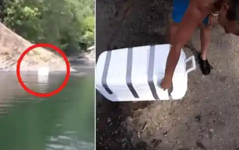 Grupo de amigos encontra refrigerador flutuando no lago, mas o que eles acharam dentro fez com que voltassem